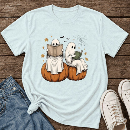 Small Ghosts Reading on Pumpkins Ultra-Soft Cotton T-Shirt | Gift Heather Ice Blue