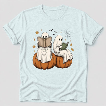 Small Ghosts Reading on Pumpkins Ultra-Soft Cotton T-Shirt | Gift Heather Ice Blue