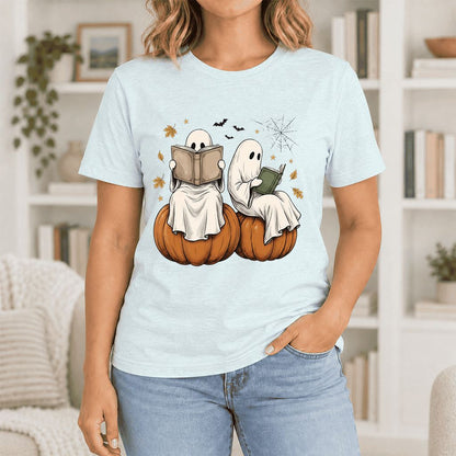Small Ghosts Reading on Pumpkins Ultra-Soft Cotton T-Shirt | Gift Heather Ice Blue