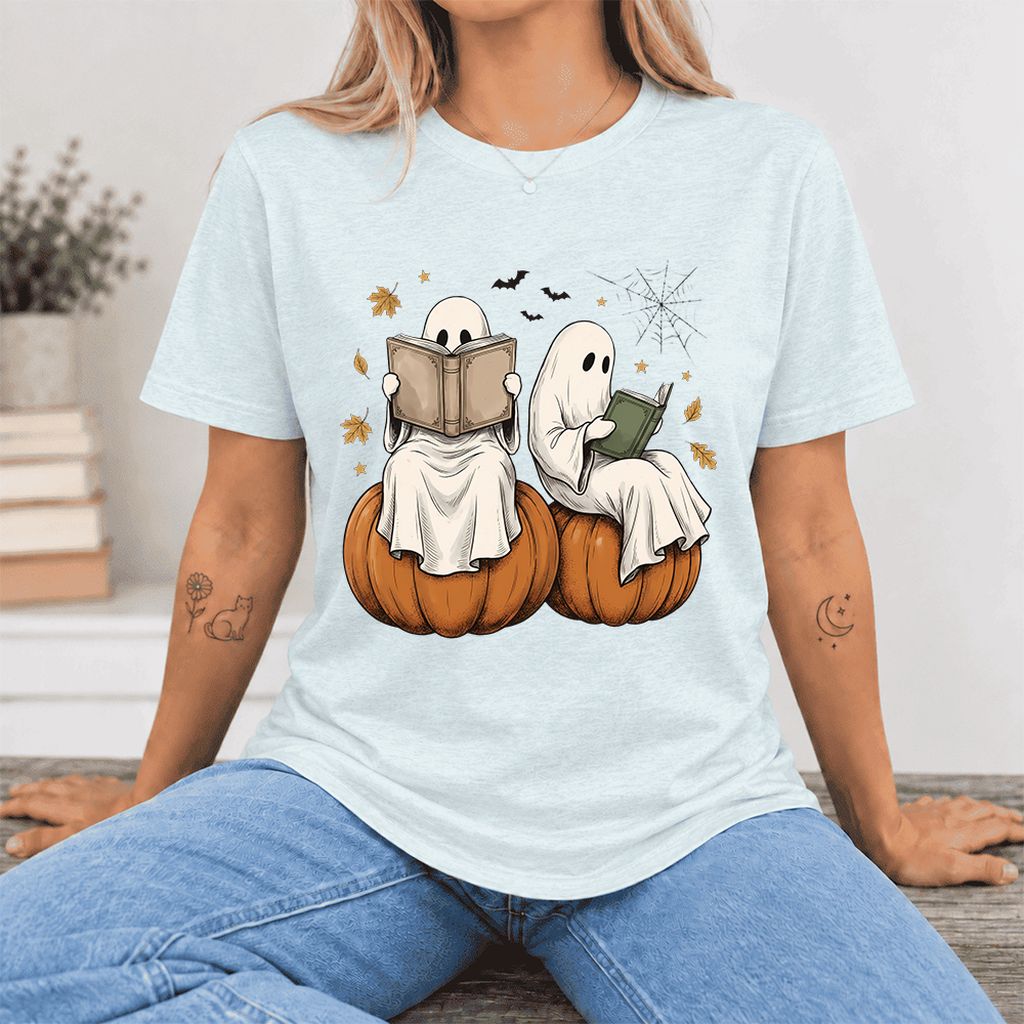 Small Ghosts Reading on Pumpkins Ultra-Soft Cotton T-Shirt | Gift Heather Ice Blue