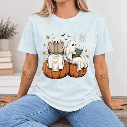 Small Ghosts Reading on Pumpkins Ultra-Soft Cotton T-Shirt | Gift Heather Ice Blue