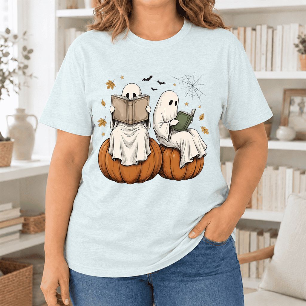Small Ghosts Reading on Pumpkins Ultra-Soft Cotton T-Shirt | Gift Heather Ice Blue