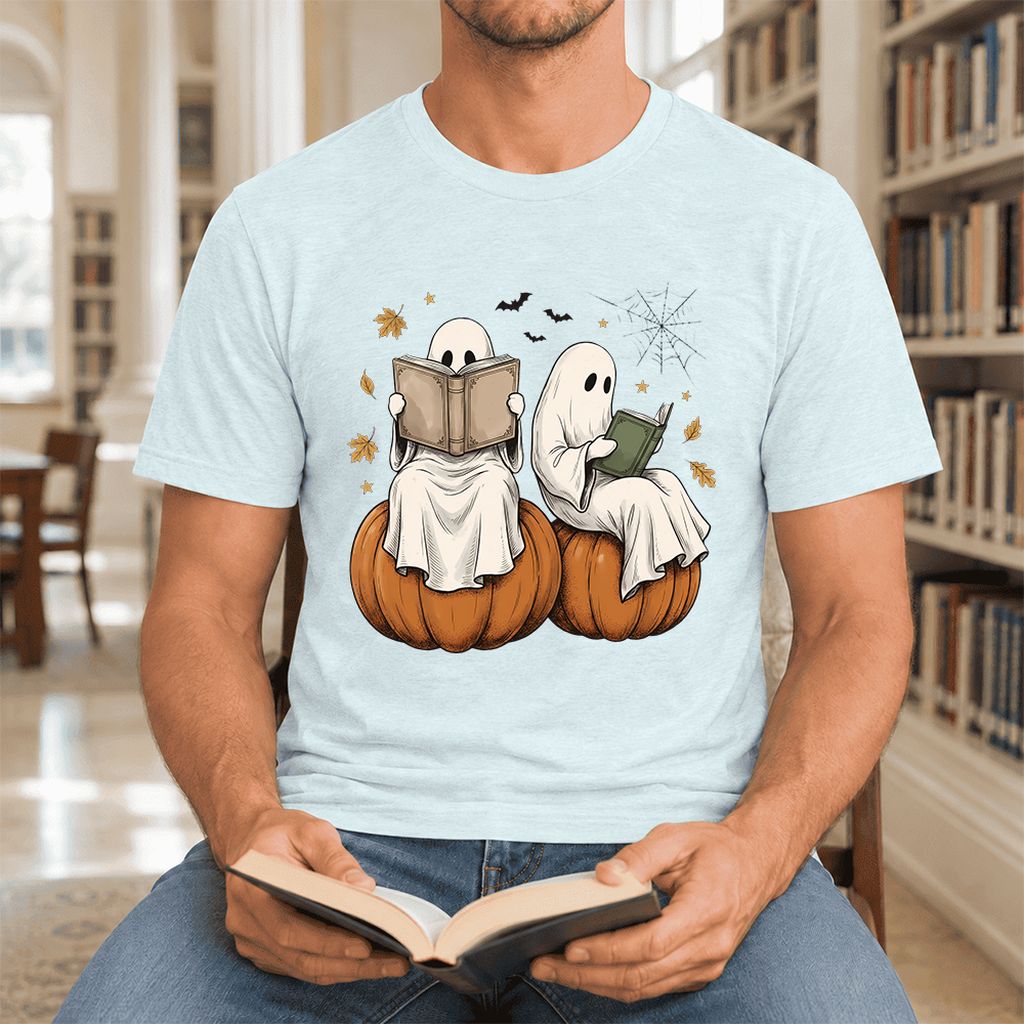 Small Ghosts Reading on Pumpkins Ultra-Soft Cotton T-Shirt | Gift Heather Ice Blue