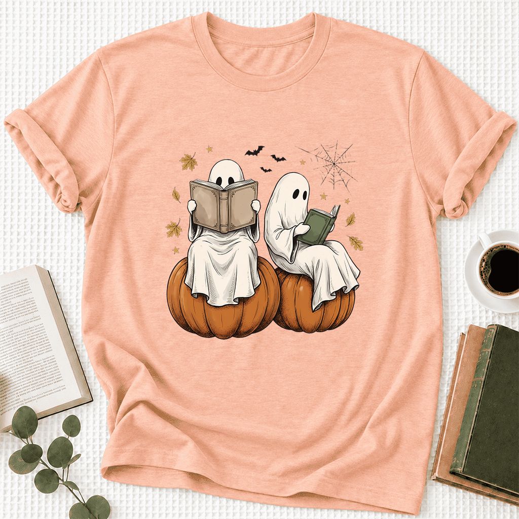 Small Ghosts Reading on Pumpkins Ultra-Soft Cotton T-Shirt | Gift Heather Peach