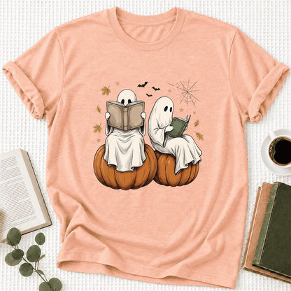 Small Ghosts Reading on Pumpkins Ultra-Soft Cotton T-Shirt | Gift Heather Peach
