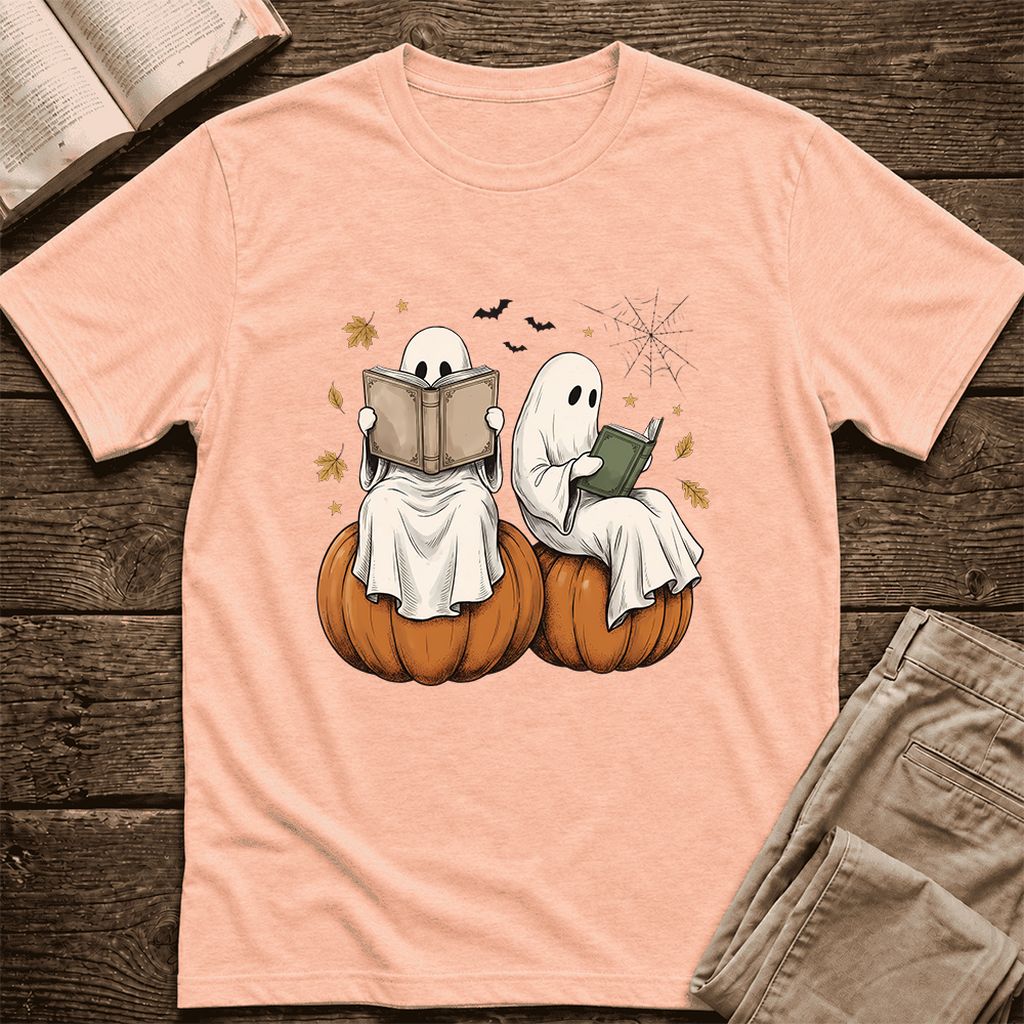 Small Ghosts Reading on Pumpkins Ultra-Soft Cotton T-Shirt | Gift Heather Peach
