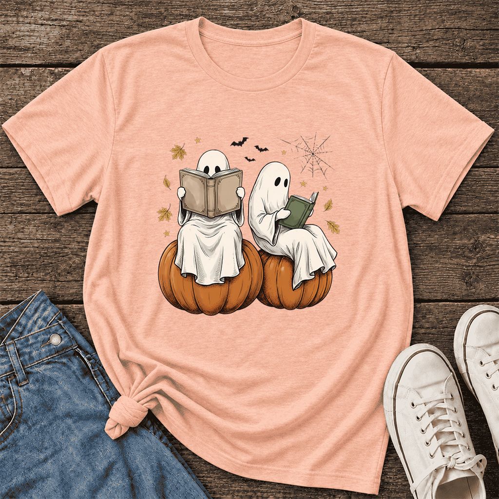 Small Ghosts Reading on Pumpkins Ultra-Soft Cotton T-Shirt | Gift Heather Peach