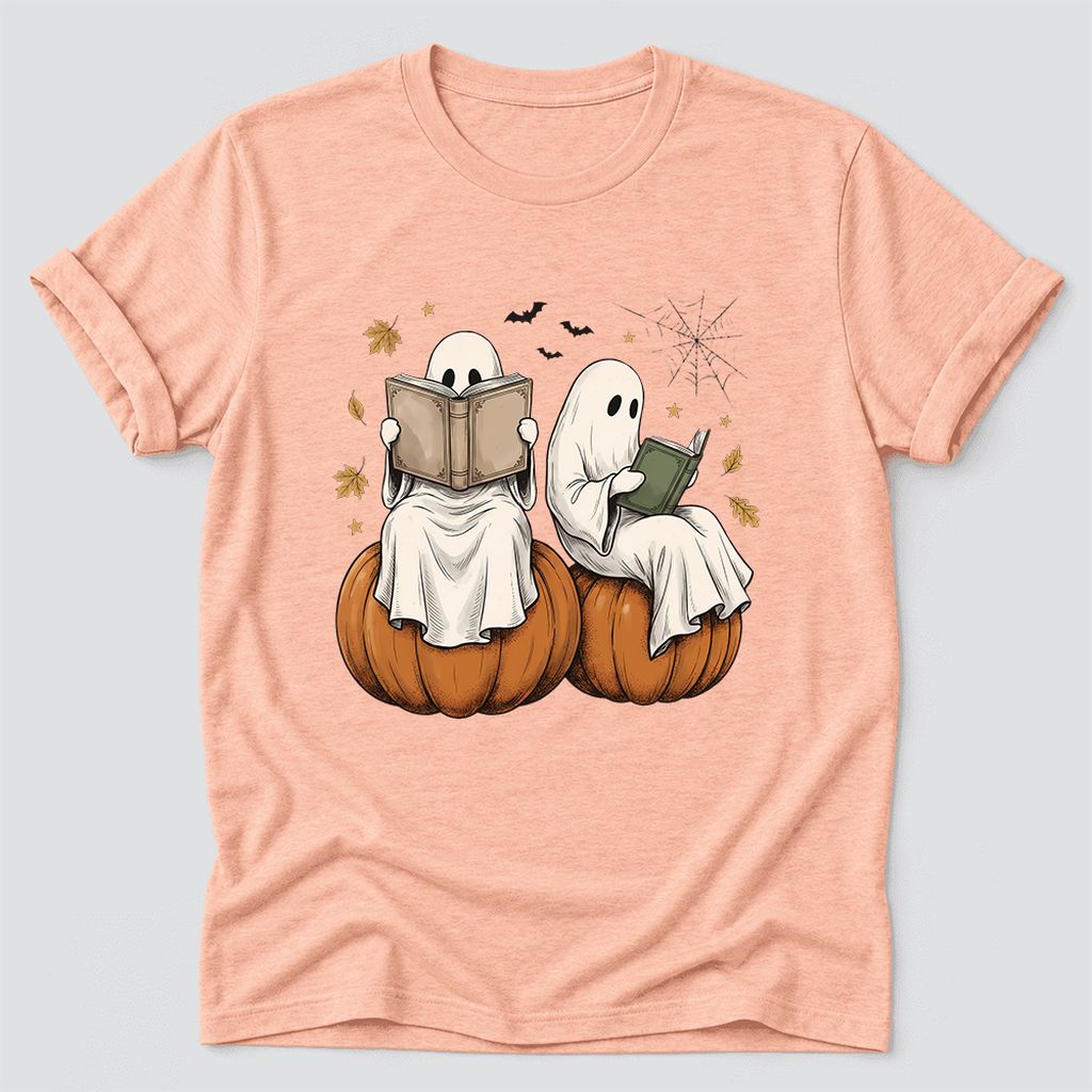 Small Ghosts Reading on Pumpkins Ultra-Soft Cotton T-Shirt | Gift Heather Peach