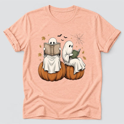Small Ghosts Reading on Pumpkins Ultra-Soft Cotton T-Shirt | Gift Heather Peach