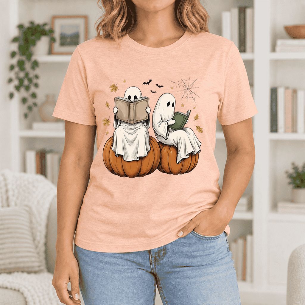 Small Ghosts Reading on Pumpkins Ultra-Soft Cotton T-Shirt | Gift Heather Peach