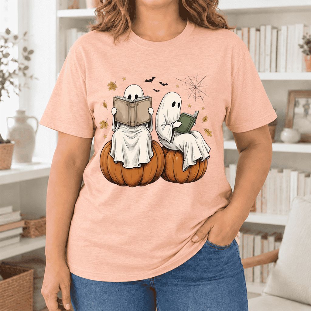 Small Ghosts Reading on Pumpkins Ultra-Soft Cotton T-Shirt | Gift Heather Peach