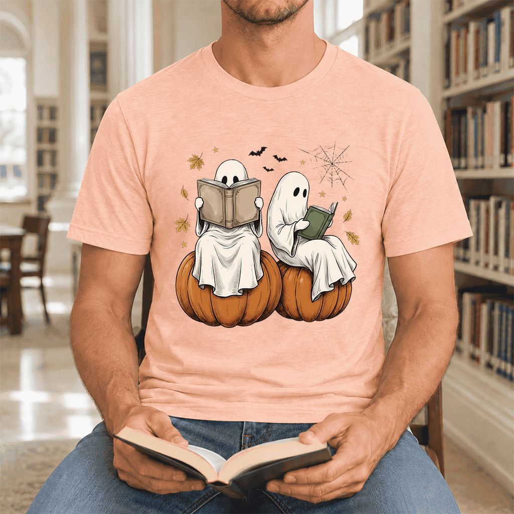 Small Ghosts Reading on Pumpkins Ultra-Soft Cotton T-Shirt | Gift Heather Peach