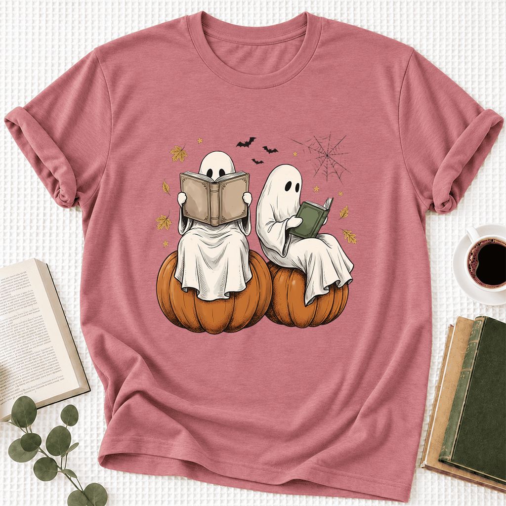 Small Ghosts Reading on Pumpkins Ultra-Soft Cotton T-Shirt | Gift Mauve
