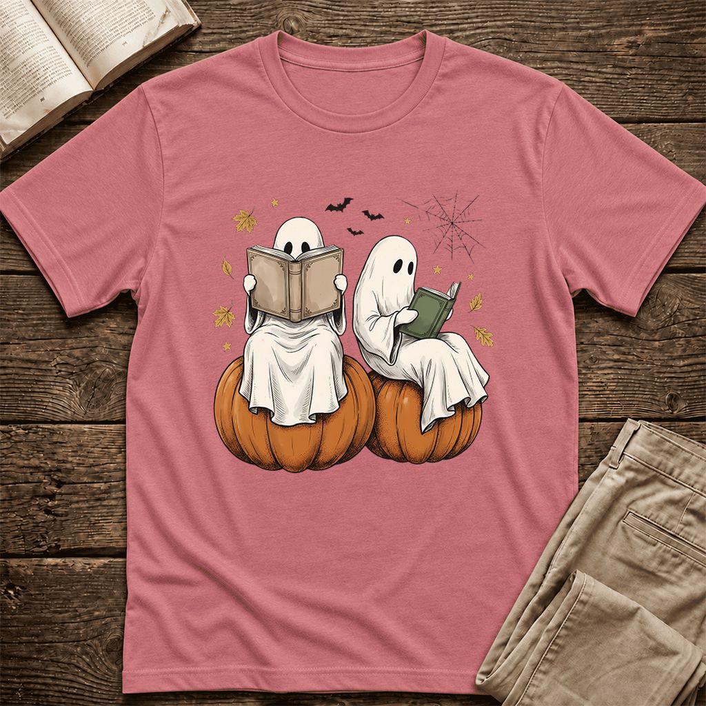 Small Ghosts Reading on Pumpkins Ultra-Soft Cotton T-Shirt | Gift Mauve