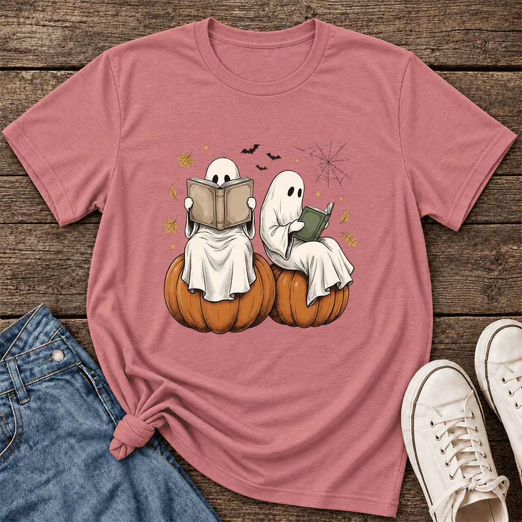Small Ghosts Reading on Pumpkins Ultra-Soft Cotton T-Shirt | Gift Mauve