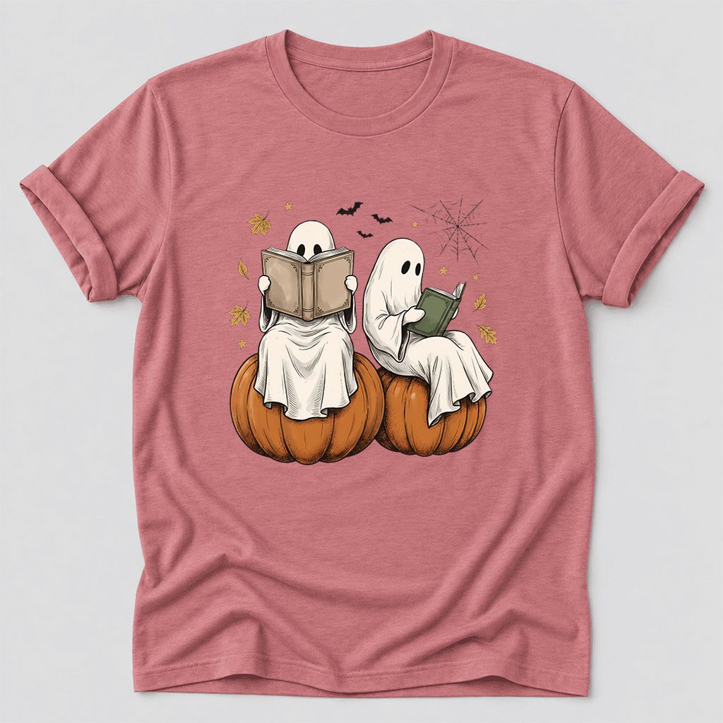 Small Ghosts Reading on Pumpkins Ultra-Soft Cotton T-Shirt | Gift Mauve