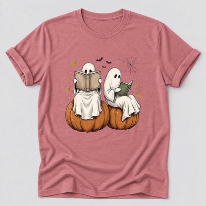 Small Ghosts Reading on Pumpkins Ultra-Soft Cotton T-Shirt | Gift Mauve