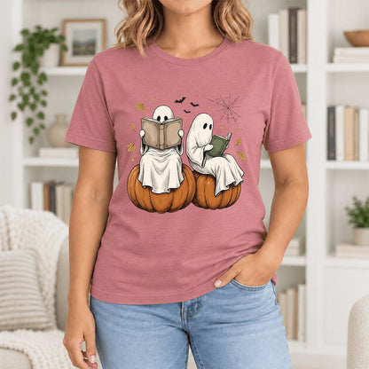 Small Ghosts Reading on Pumpkins Ultra-Soft Cotton T-Shirt | Gift Mauve