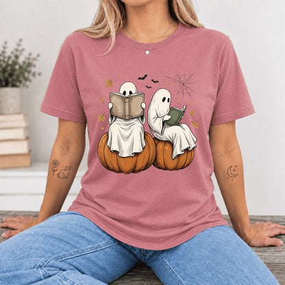 Small Ghosts Reading on Pumpkins Ultra-Soft Cotton T-Shirt | Gift Mauve