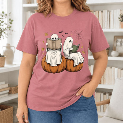 Small Ghosts Reading on Pumpkins Ultra-Soft Cotton T-Shirt | Gift Mauve