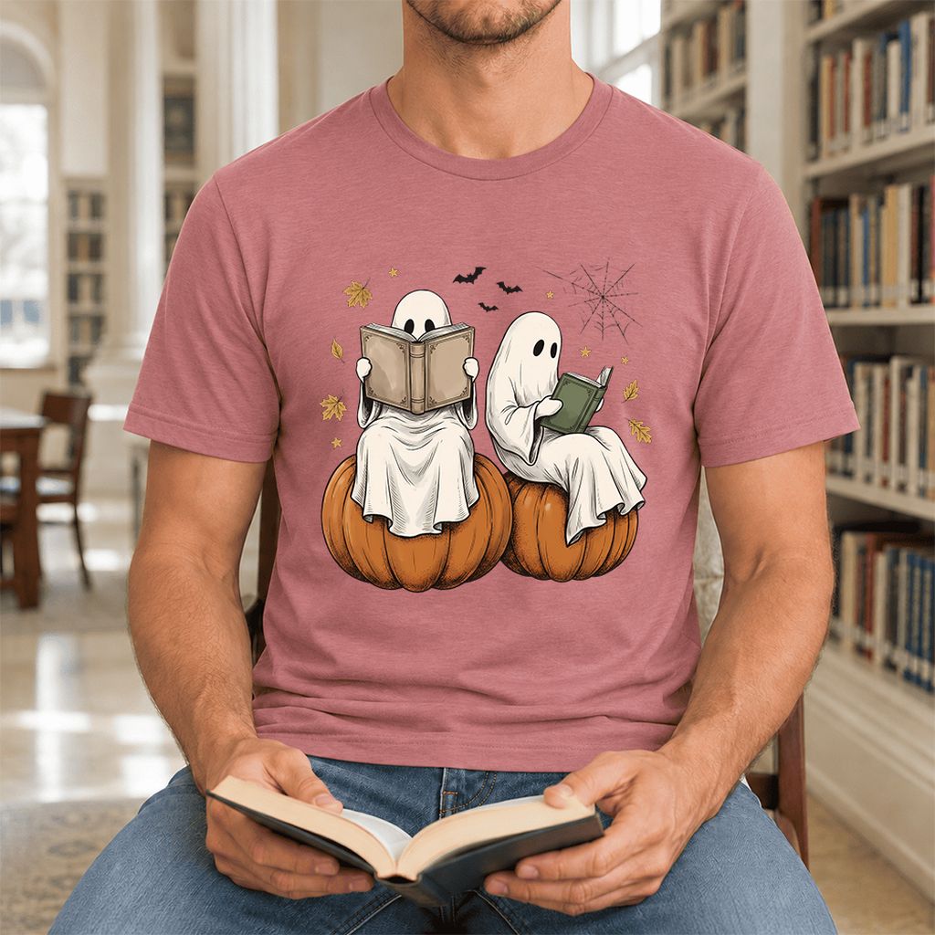 Small Ghosts Reading on Pumpkins Ultra-Soft Cotton T-Shirt | Gift Mauve
