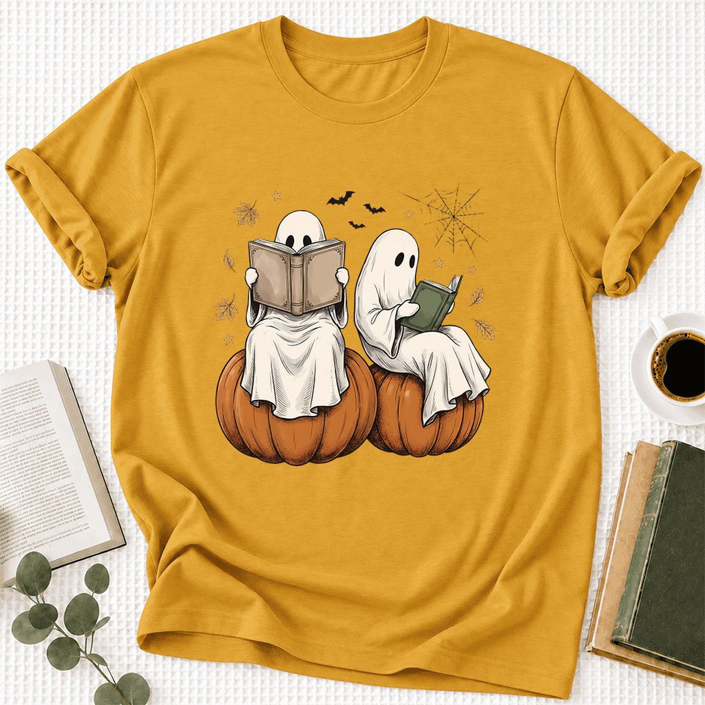 Small Ghosts Reading on Pumpkins Ultra-Soft Cotton T-Shirt | Gift Mustard