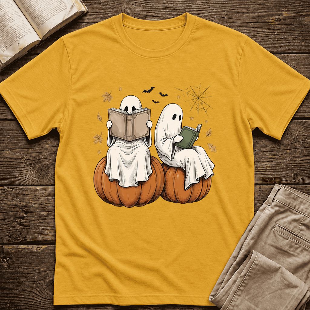 Small Ghosts Reading on Pumpkins Ultra-Soft Cotton T-Shirt | Gift Mustard