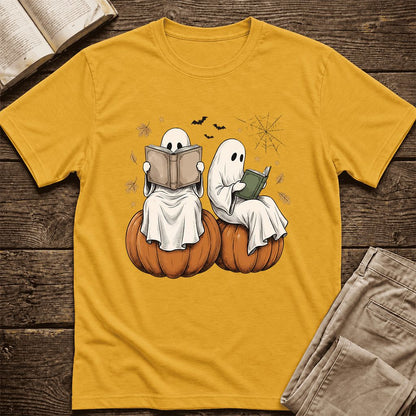 Small Ghosts Reading on Pumpkins Ultra-Soft Cotton T-Shirt | Gift Mustard