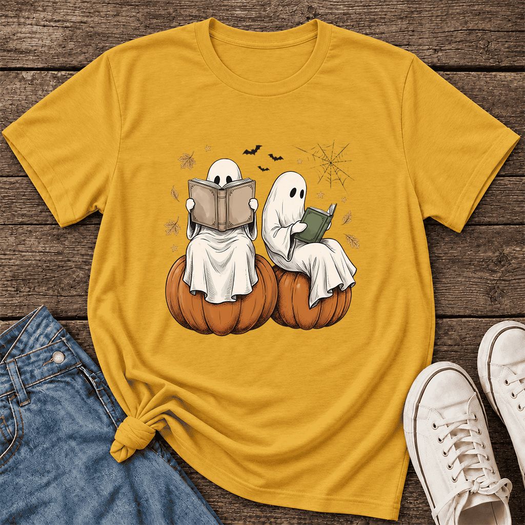 Small Ghosts Reading on Pumpkins Ultra-Soft Cotton T-Shirt | Gift Mustard