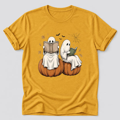 Small Ghosts Reading on Pumpkins Ultra-Soft Cotton T-Shirt | Gift Mustard