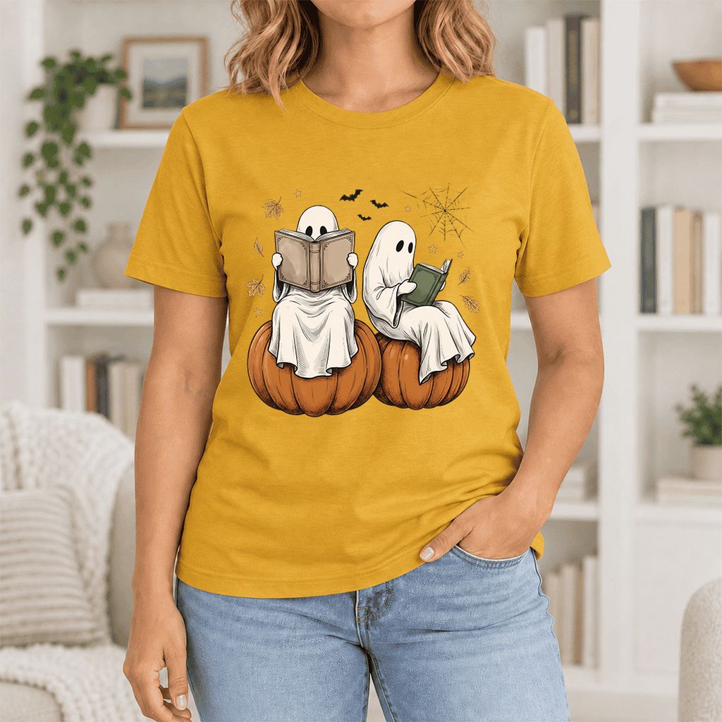 Small Ghosts Reading on Pumpkins Ultra-Soft Cotton T-Shirt | Gift Mustard