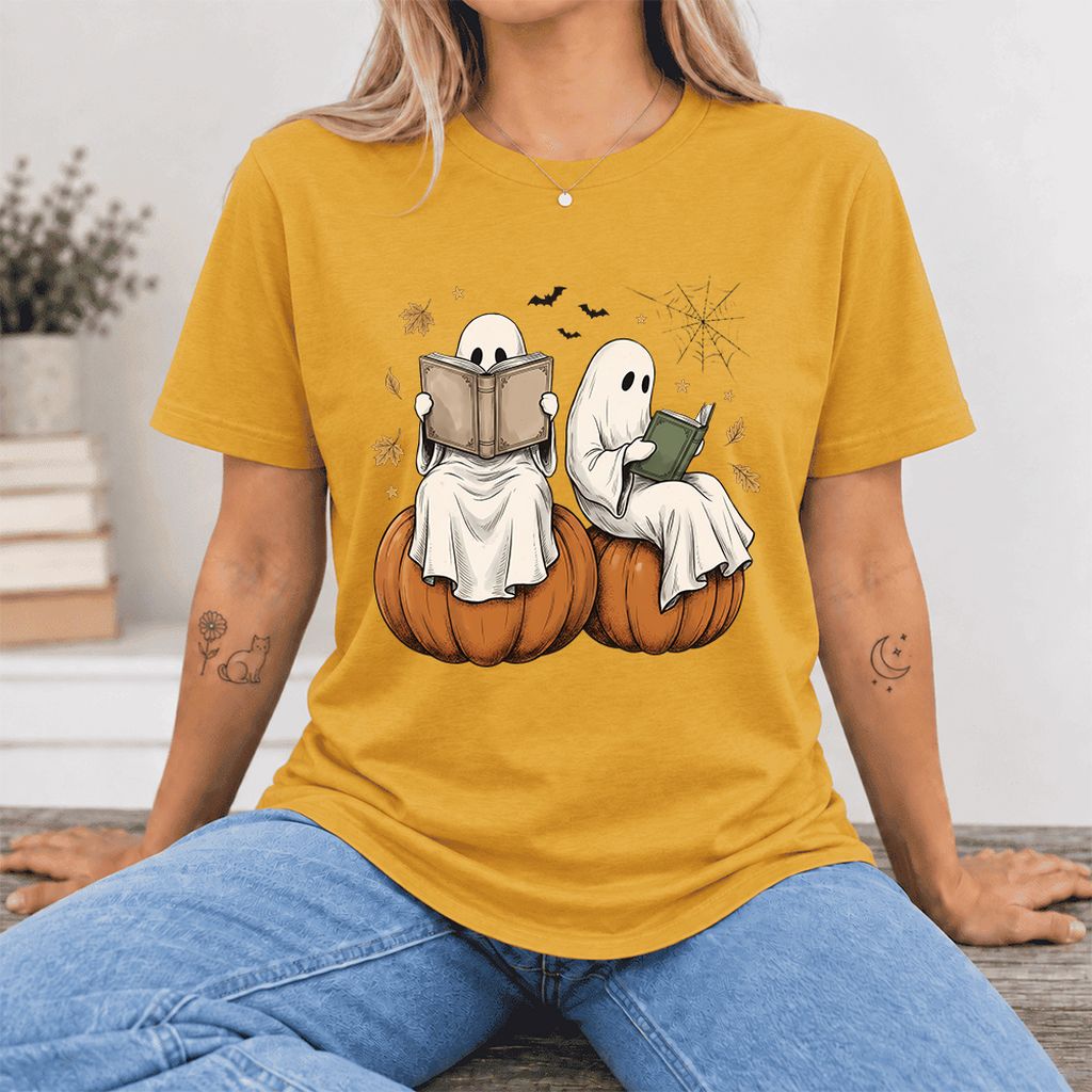 Small Ghosts Reading on Pumpkins Ultra-Soft Cotton T-Shirt | Gift Mustard