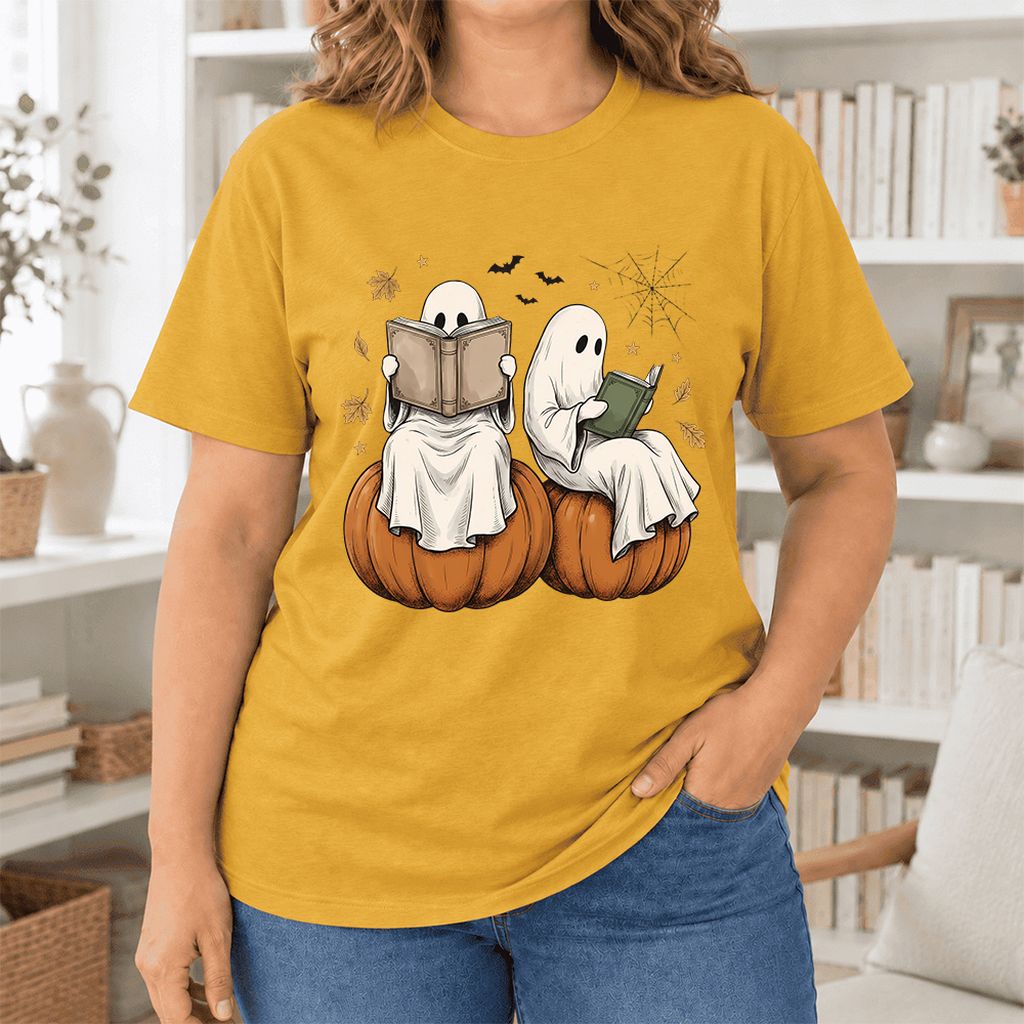 Small Ghosts Reading on Pumpkins Ultra-Soft Cotton T-Shirt | Gift Mustard