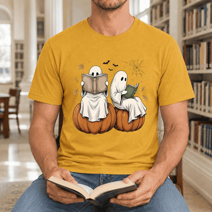Small Ghosts Reading on Pumpkins Ultra-Soft Cotton T-Shirt | Gift Mustard