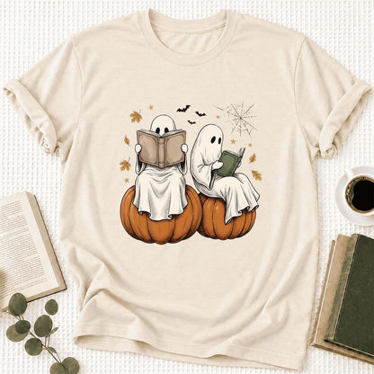 Small Ghosts Reading on Pumpkins Ultra-Soft Cotton T-Shirt | Gift Natural
