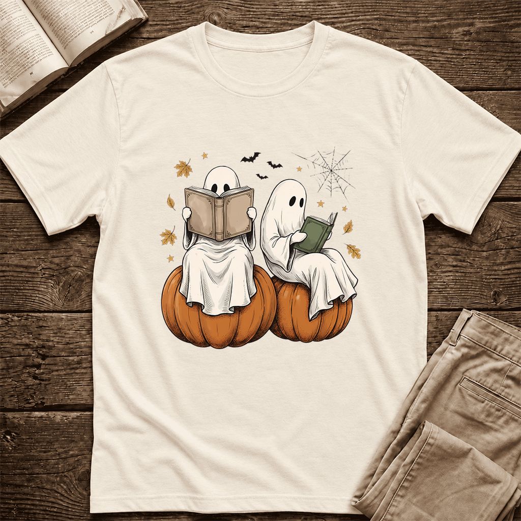 Small Ghosts Reading on Pumpkins Ultra-Soft Cotton T-Shirt | Gift Natural