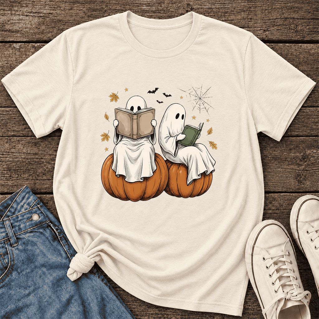 Small Ghosts Reading on Pumpkins Ultra-Soft Cotton T-Shirt | Gift Natural