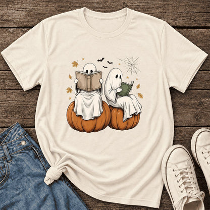 Small Ghosts Reading on Pumpkins Ultra-Soft Cotton T-Shirt | Gift Natural