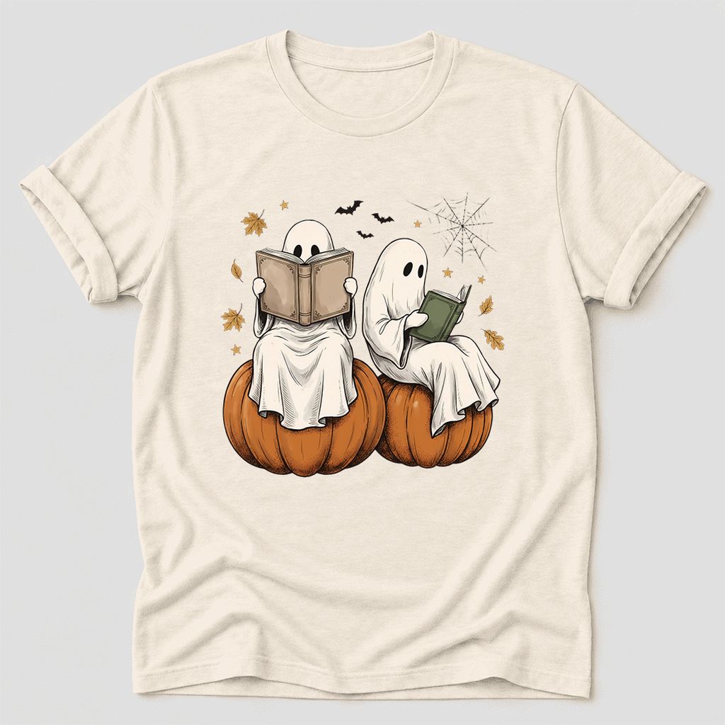 Small Ghosts Reading on Pumpkins Ultra-Soft Cotton T-Shirt | Gift Natural