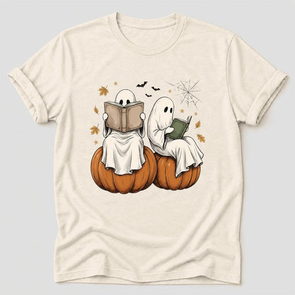 Small Ghosts Reading on Pumpkins Ultra-Soft Cotton T-Shirt | Gift Natural