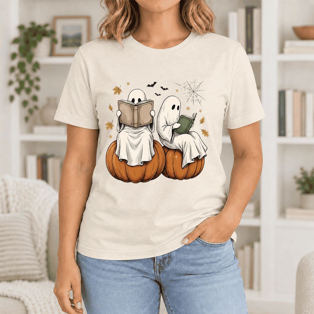 Small Ghosts Reading on Pumpkins Ultra-Soft Cotton T-Shirt | Gift Natural