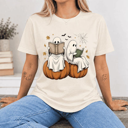 Small Ghosts Reading on Pumpkins Ultra-Soft Cotton T-Shirt | Gift Natural