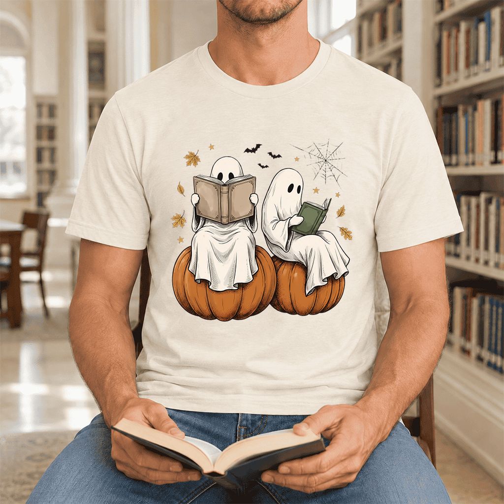 Small Ghosts Reading on Pumpkins Ultra-Soft Cotton T-Shirt | Gift Natural