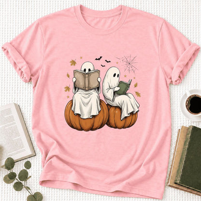 Small Ghosts Reading on Pumpkins Ultra-Soft Cotton T-Shirt | Gift Pink