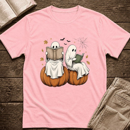 Small Ghosts Reading on Pumpkins Ultra-Soft Cotton T-Shirt | Gift Pink