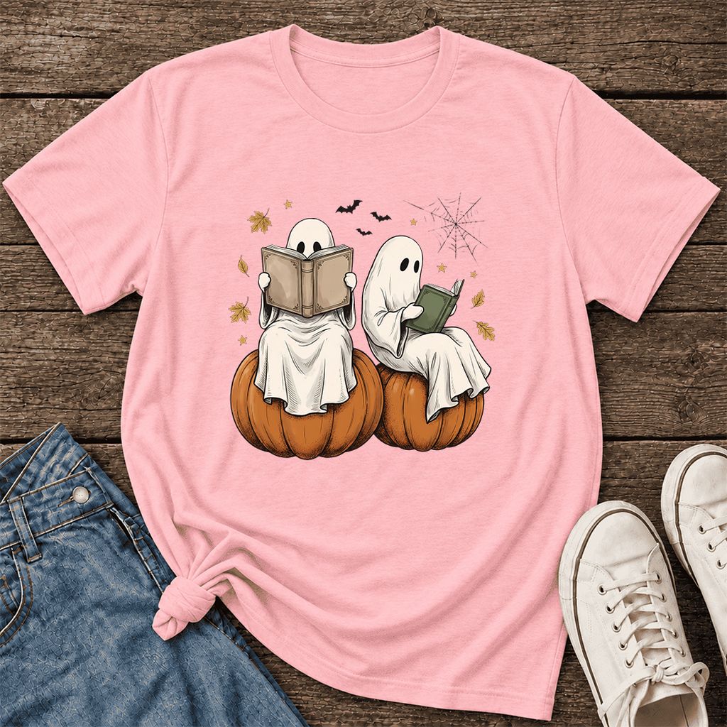 Small Ghosts Reading on Pumpkins Ultra-Soft Cotton T-Shirt | Gift Pink