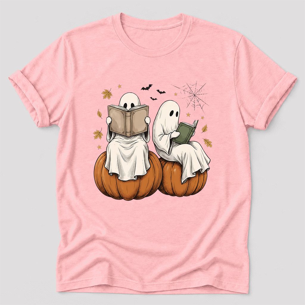 Small Ghosts Reading on Pumpkins Ultra-Soft Cotton T-Shirt | Gift Pink