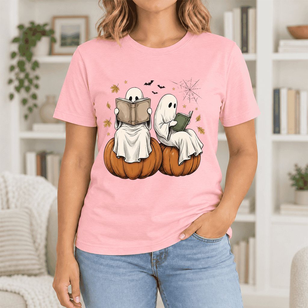 Small Ghosts Reading on Pumpkins Ultra-Soft Cotton T-Shirt | Gift Pink