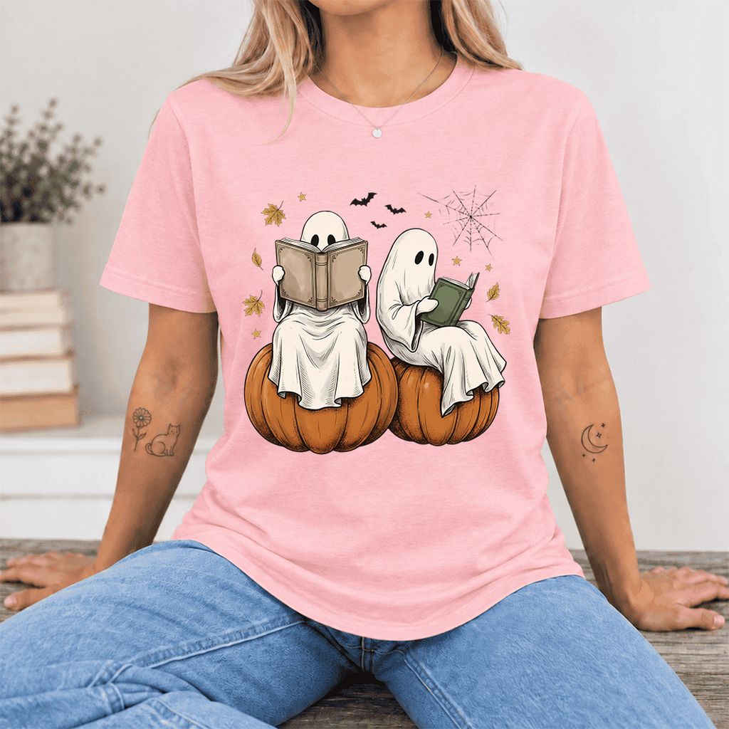 Small Ghosts Reading on Pumpkins Ultra-Soft Cotton T-Shirt | Gift Pink