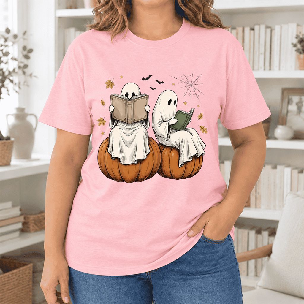 Small Ghosts Reading on Pumpkins Ultra-Soft Cotton T-Shirt | Gift Pink